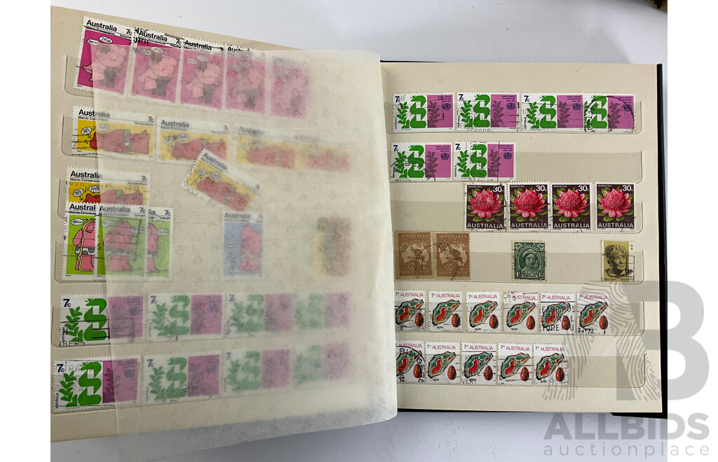 Seven Albums of Vintage International Stamps Including Australia, Poland, Singapore, Malaysia, Jamaica, Trinidad, USA, Canada, Brazil, Ireland and More