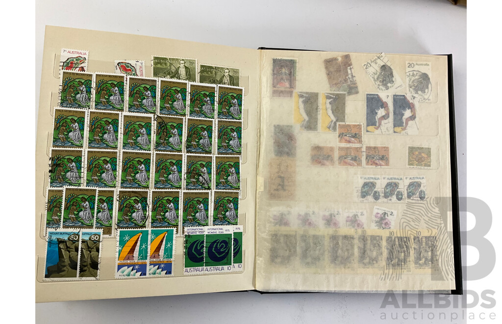 Seven Albums of Vintage International Stamps Including Australia, Poland, Singapore, Malaysia, Jamaica, Trinidad, USA, Canada, Brazil, Ireland and More