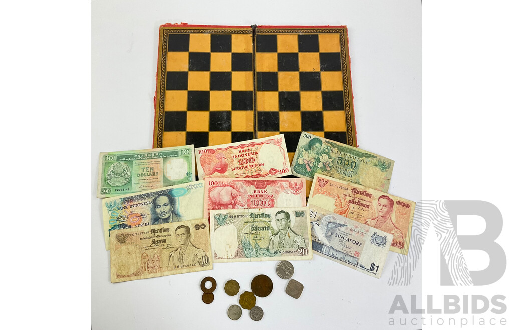 India 1918 Two Anna, 1942 Silver Rupee, 1947 Pice, 1942 One Anna with Banknotes From Indonesia, Singapore, Hong Kong
