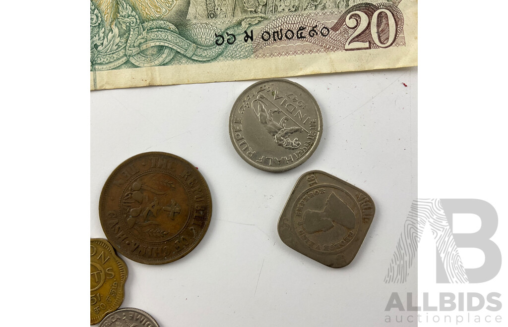India 1918 Two Anna, 1942 Silver Rupee, 1947 Pice, 1942 One Anna with Banknotes From Indonesia, Singapore, Hong Kong