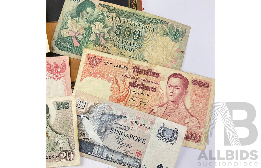 India 1918 Two Anna, 1942 Silver Rupee, 1947 Pice, 1942 One Anna with Banknotes From Indonesia, Singapore, Hong Kong