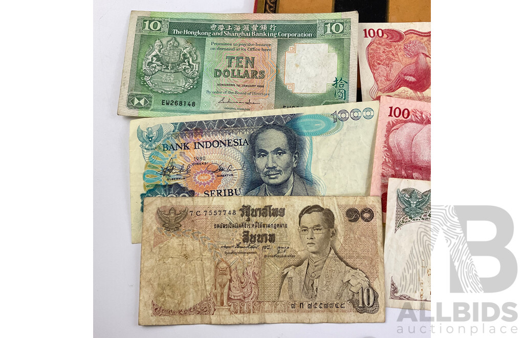India 1918 Two Anna, 1942 Silver Rupee, 1947 Pice, 1942 One Anna with Banknotes From Indonesia, Singapore, Hong Kong