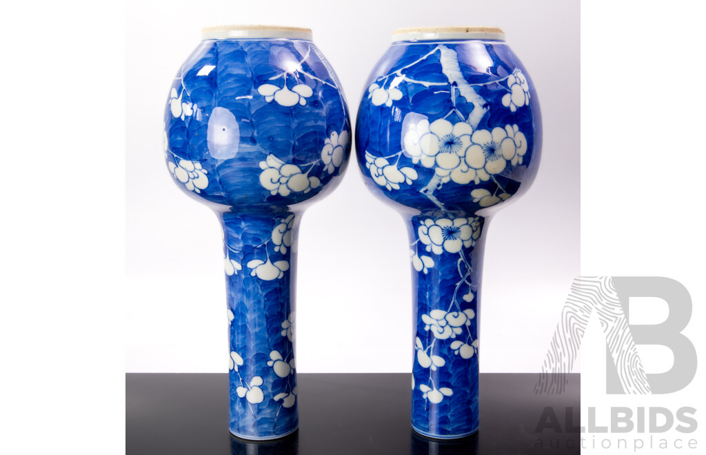 Nice Pair Antique Chinese Blue and White Prunus Motif Porcelain Vases, Apocryphal Kangxi Character Marks to Bases
