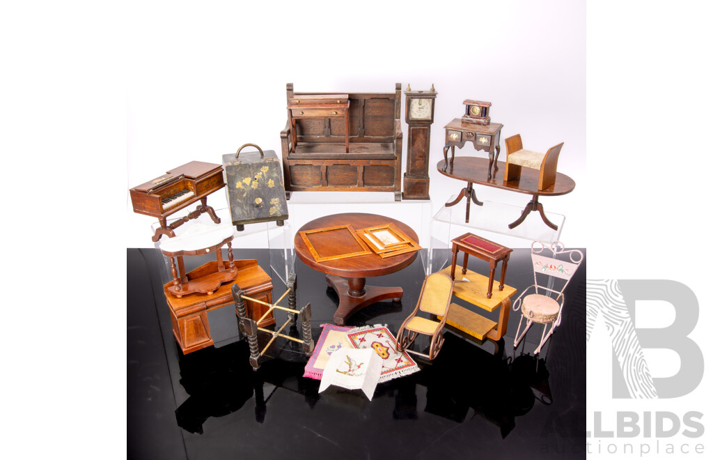 Great Collection Vintage Hand Made Australian Wooden Dolls Furniture, Most by Renowned Sydney Miniaturist Marion Farley and Includes Australasian Cedar Round Table by a Collins