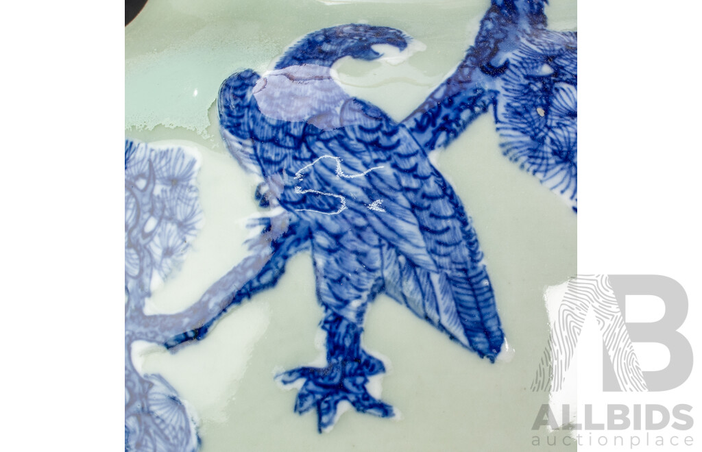 Large Vintage Chinese Porcelain Vase with Twin Lion Dog Form Handles and Body with Raised Blue and White Lion Dog and Eagle Scene with Auspicious Bats to Reverse Side