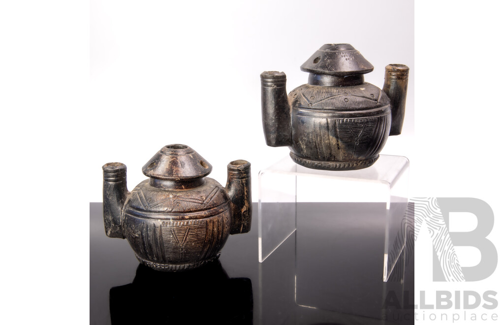 Rare Pair Antique African Nigerian Hausa Pottery Ink Pots