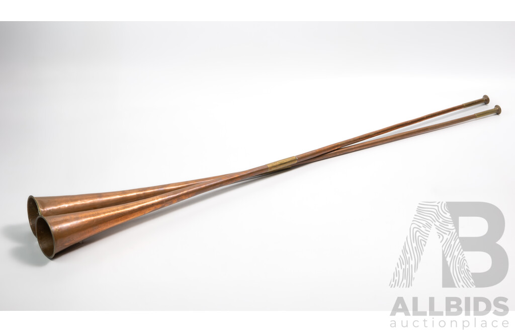 Pair Antique Copper and Brass Hunting Horns