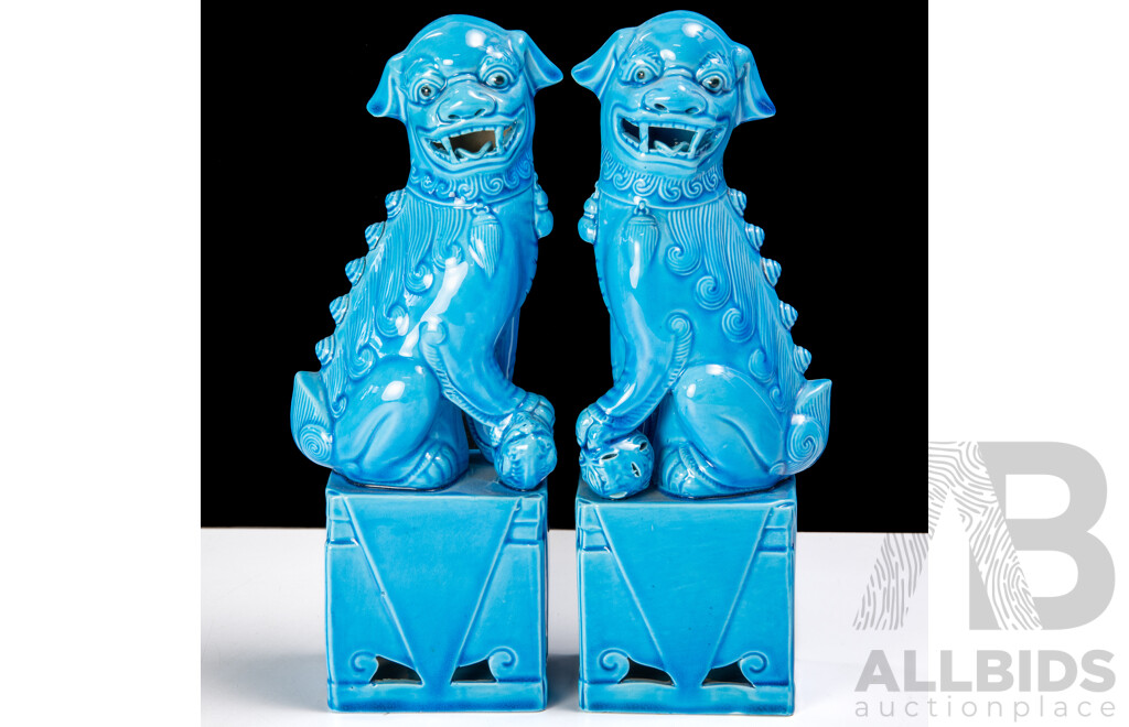 Pair Vintage Turquoise Glazed Ceramic Pho Dog Figures