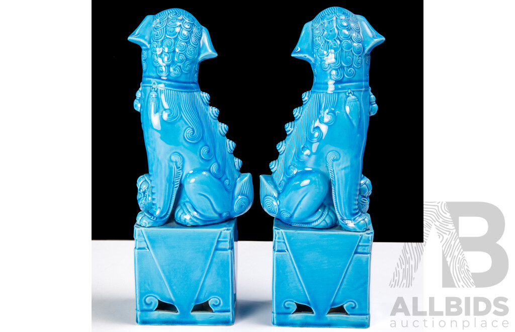 Pair Vintage Turquoise Glazed Ceramic Pho Dog Figures
