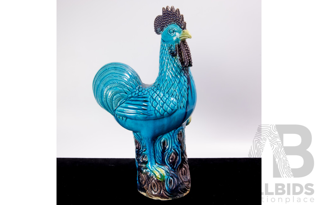 Antique Japanese Turquoise Glazed Chinoiserie Ceramic Rooster Figure