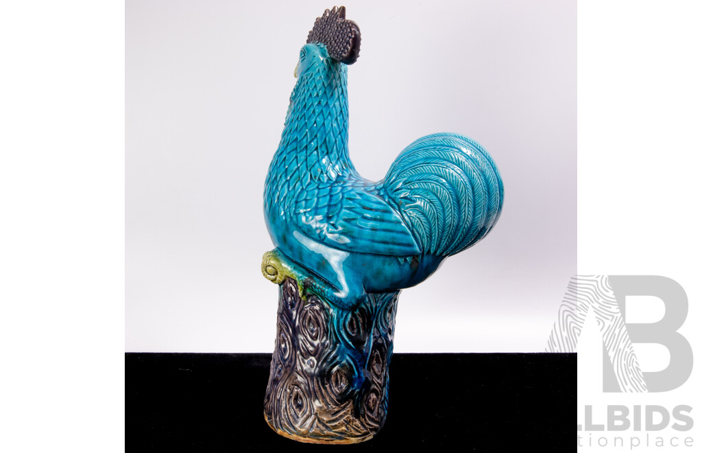 Antique Japanese Turquoise Glazed Chinoiserie Ceramic Rooster Figure