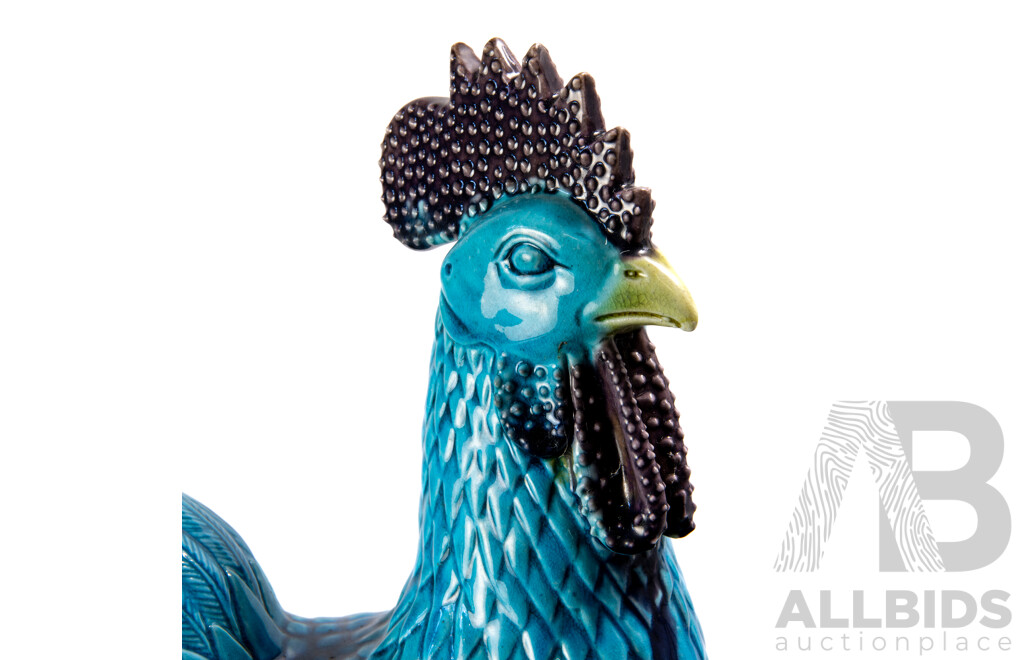 Antique Japanese Turquoise Glazed Chinoiserie Ceramic Rooster Figure