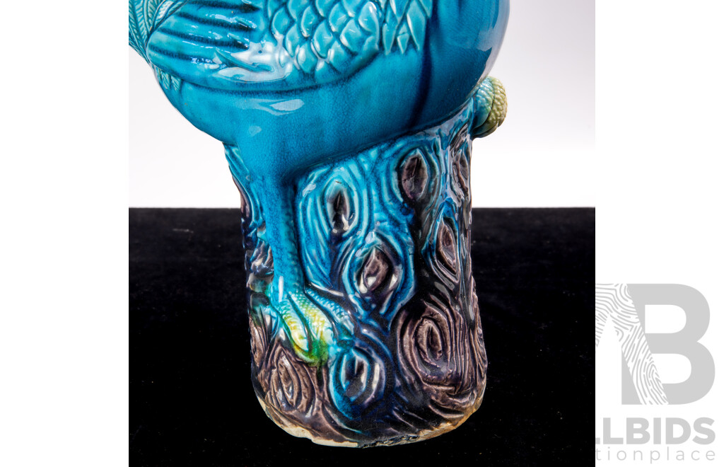 Antique Japanese Turquoise Glazed Chinoiserie Ceramic Rooster Figure