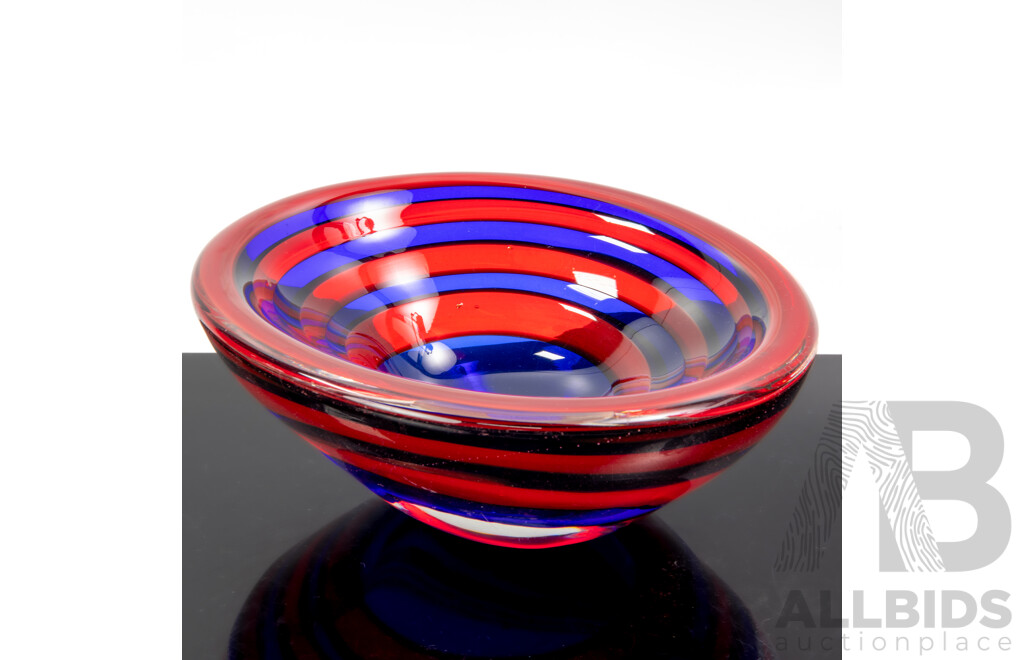 Mid Century Heavy Art Glass Blue and Red Glass Dish