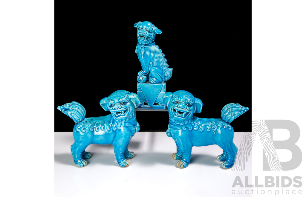 Pair Vintage Chinese Turquoise Glazed Pho Dogs Along with Another