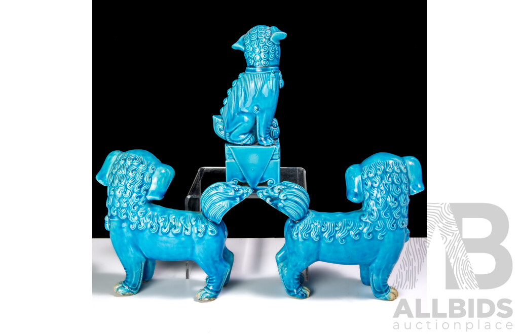 Pair Vintage Chinese Turquoise Glazed Pho Dogs Along with Another