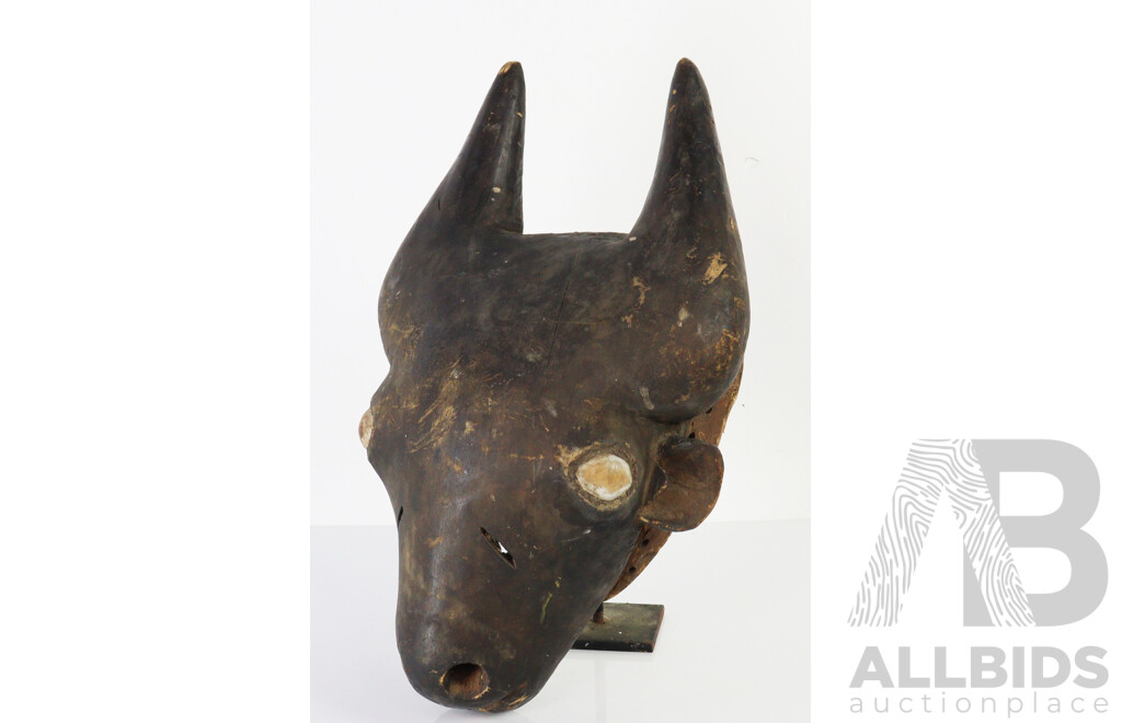 Vintage African Carved Wooden Congo Buffalo Mask with Stand