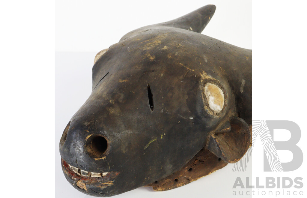 Vintage African Carved Wooden Congo Buffalo Mask with Stand