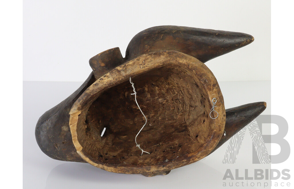 Vintage African Carved Wooden Congo Buffalo Mask with Stand