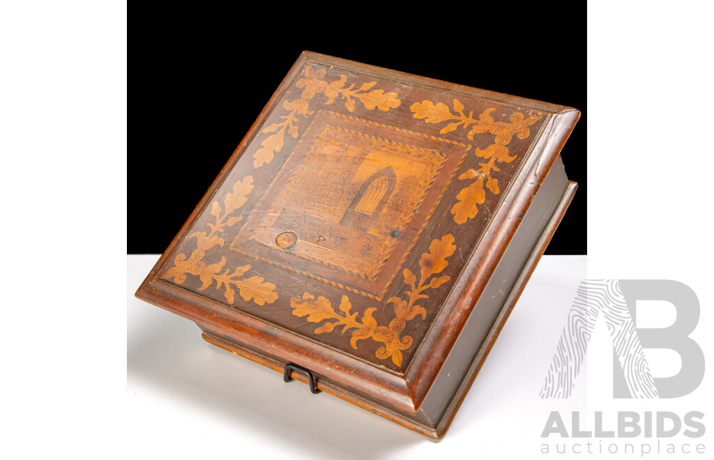 Antique Irish Killarney Ware Wooden Lidded Box with Scenes of Muckross Abbey and Shamrock to Interior Lid