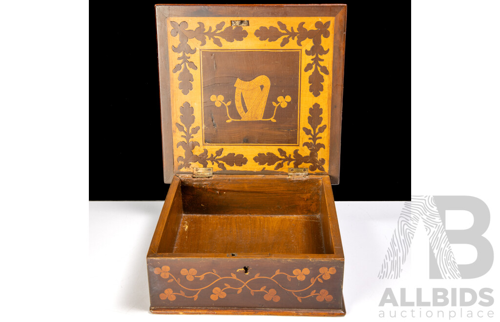Antique Irish Killarney Ware Wooden Lidded Box with Scenes of Muckross Abbey and Shamrock to Interior Lid