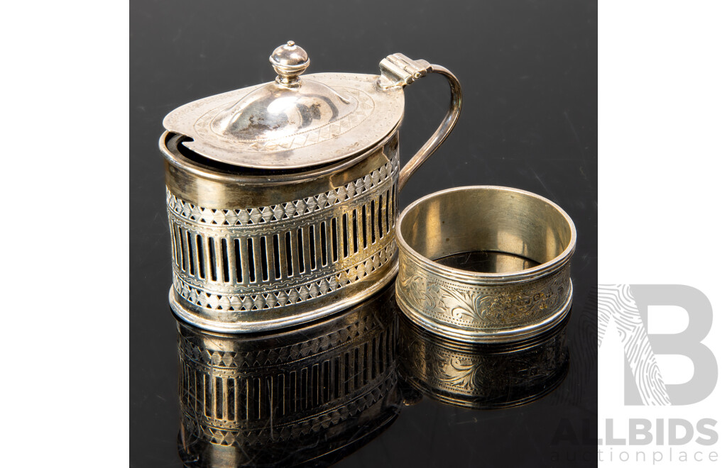 Antique Sterling Silver Lidded Mustard Pot with Blue Glass Liner, Sheffield 1892, Along with Sterling Silver Napkin Ring, Birmingham, 1916