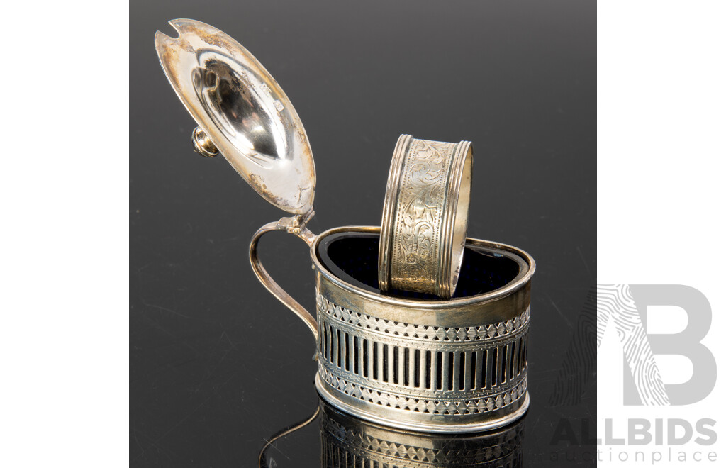Antique Sterling Silver Lidded Mustard Pot with Blue Glass Liner, Sheffield 1892, Along with Sterling Silver Napkin Ring, Birmingham, 1916