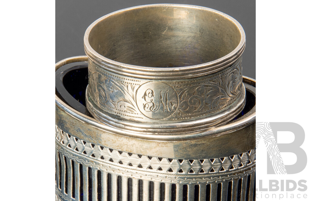 Antique Sterling Silver Lidded Mustard Pot with Blue Glass Liner, Sheffield 1892, Along with Sterling Silver Napkin Ring, Birmingham, 1916