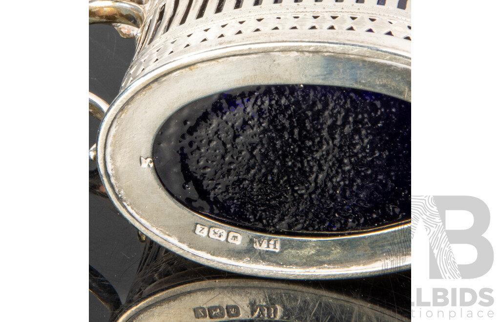 Antique Sterling Silver Lidded Mustard Pot with Blue Glass Liner, Sheffield 1892, Along with Sterling Silver Napkin Ring, Birmingham, 1916