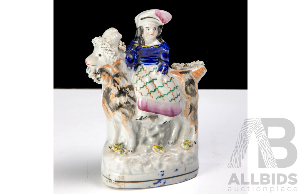 Antique English Staffordshire Porcelain Flatback Hand Painted Girl on Sheep Figure