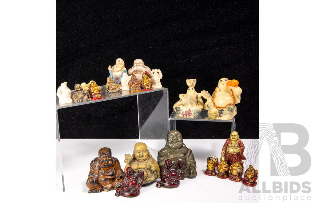Collection Asian Buddha Figures Including Grey Stone, Four Small Bone, Wooden & Composite Examples