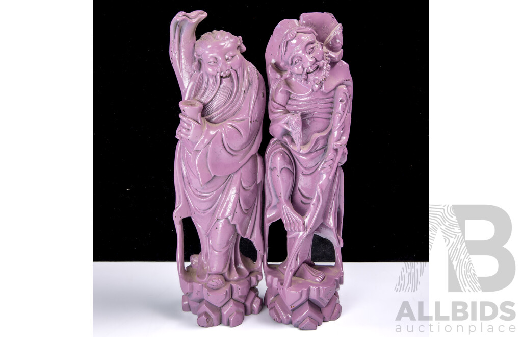 Two Antique Chinese Hand Carved Wood with Wire Work Inlay Immortal Figures of Li Tieguai & Shou Lao, Later Paint
