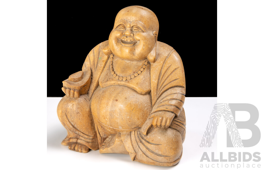 Asian Carved Wooden Happy Buddha Statue