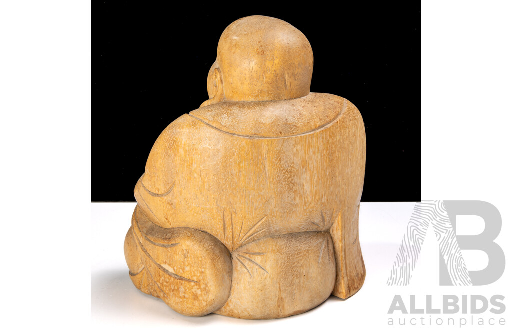 Asian Carved Wooden Happy Buddha Statue