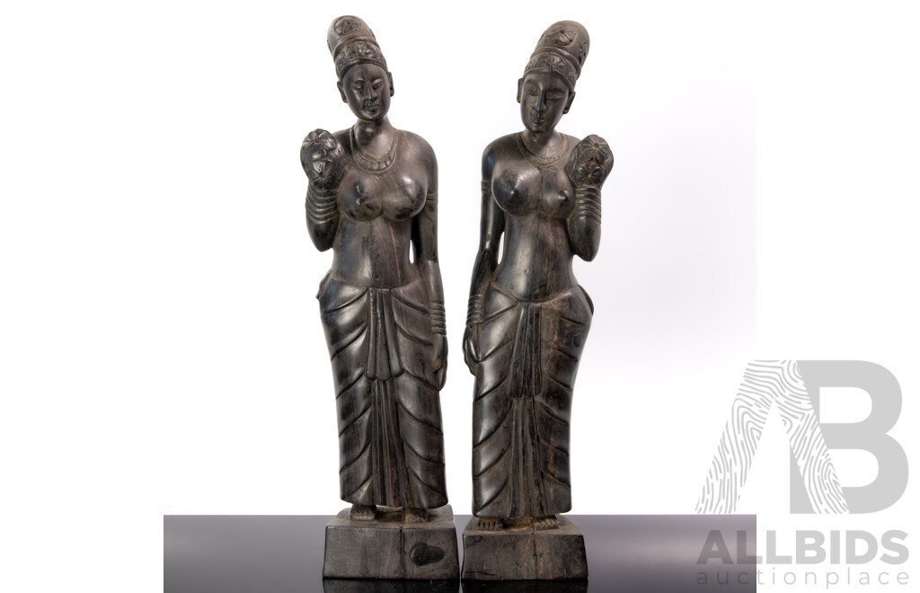 Pair Vintage Hand Carved Sub Continental Ebony Female Figures