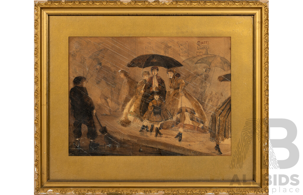 (Possibly) William Gray, (British, 1815-1885), Caught in the Rain (1866), Wonderful Antique Pen, Ink and Watercolour on Paper, 37 x 45 cm (frame)