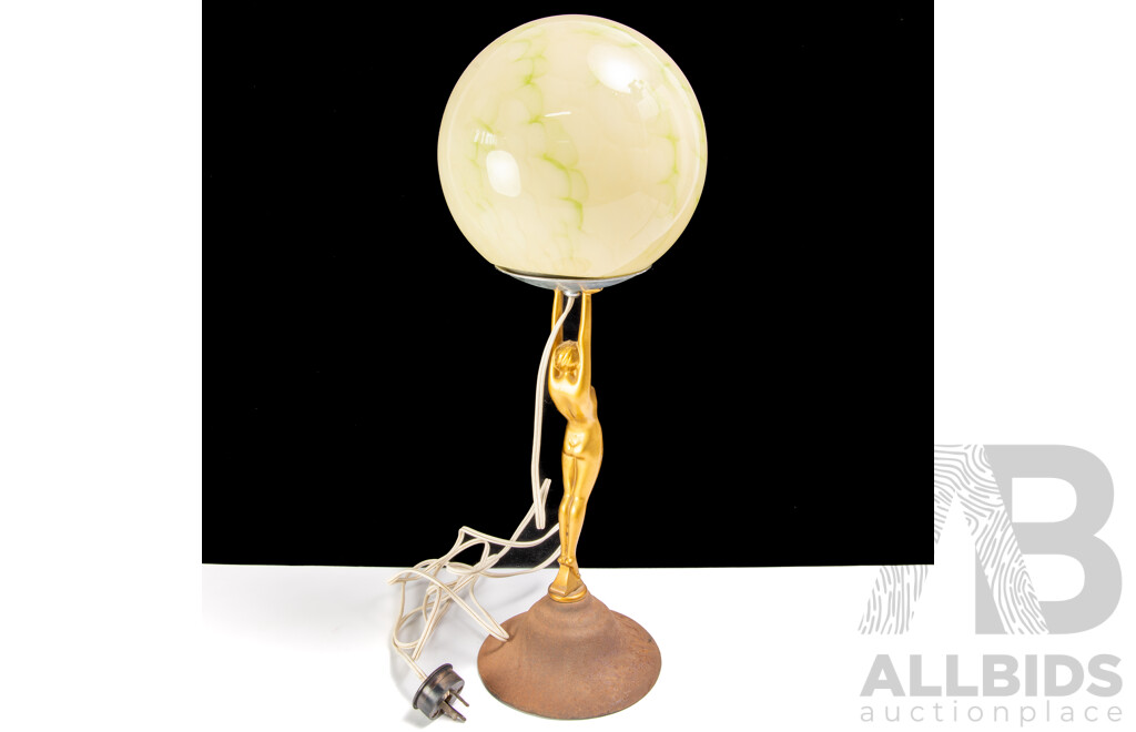 Antique Australian Dianna Lady Lamp with Mottled Green Glass Shade