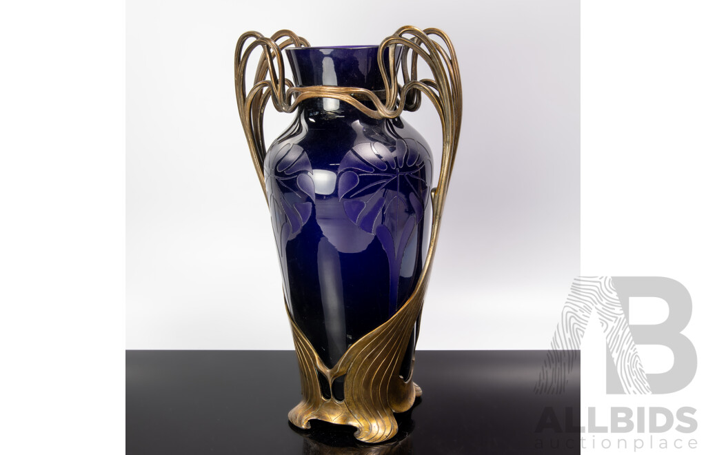 Fantastic Antique German Jugendstil Cobalt Blue Glass Lamp Base with Acid Etched Design and Metal Mount
