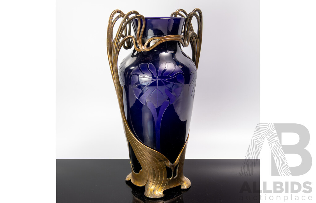 Fantastic Antique German Jugendstil Cobalt Blue Glass Lamp Base with Acid Etched Design and Metal Mount