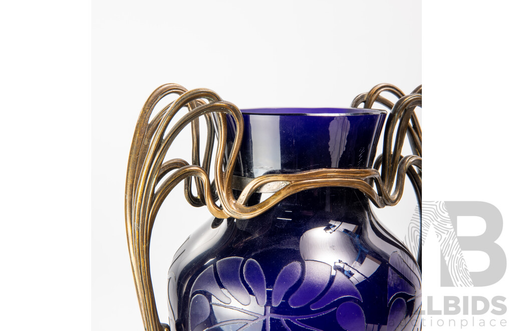 Fantastic Antique German Jugendstil Cobalt Blue Glass Lamp Base with Acid Etched Design and Metal Mount
