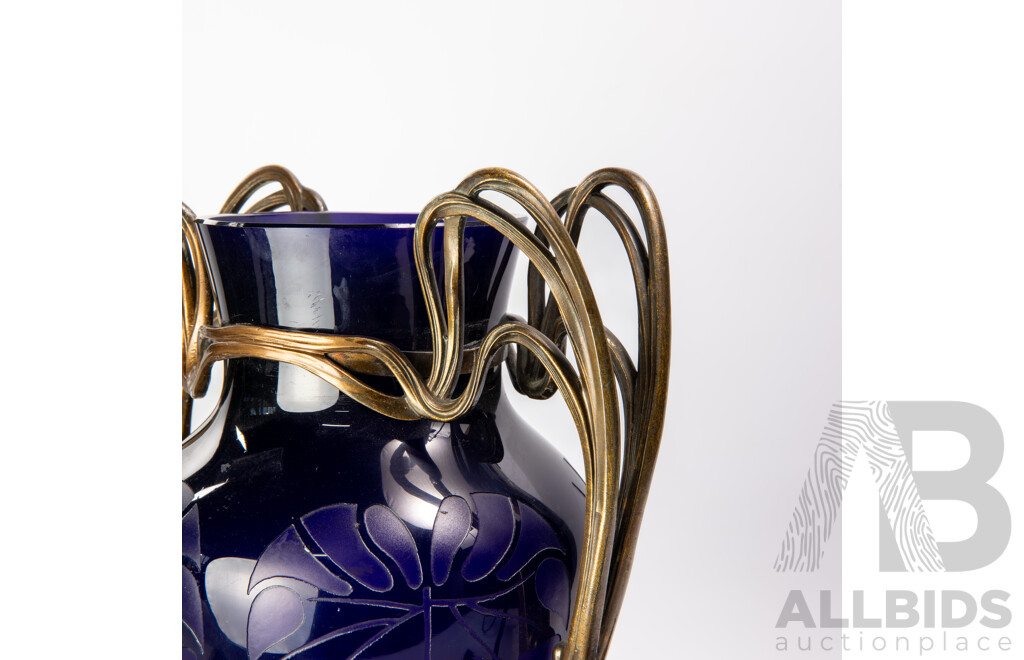 Fantastic Antique German Jugendstil Cobalt Blue Glass Lamp Base with Acid Etched Design and Metal Mount