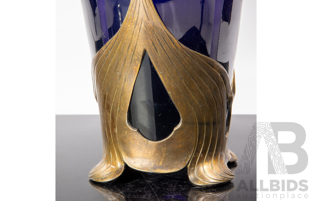 Fantastic Antique German Jugendstil Cobalt Blue Glass Lamp Base with Acid Etched Design and Metal Mount