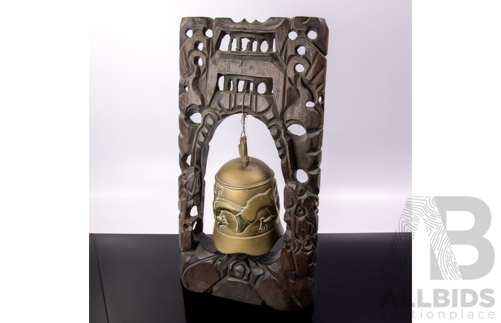 Vintage Asian Brass Temple Bell with Dragon Detail on Carved Wooden Stand with Wire Work Inlay