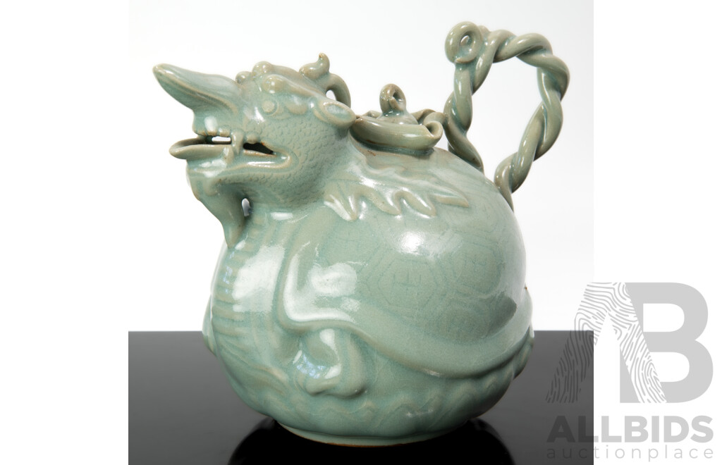 Vintage Korean Goryeo Style Celadon Dragon Turtle Ewer