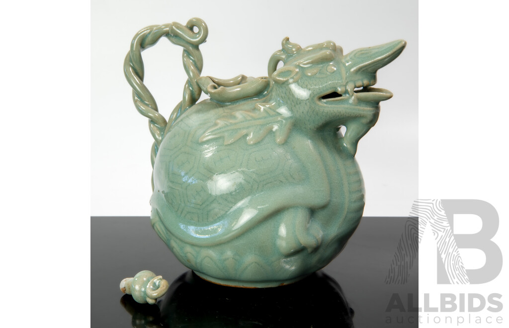 Vintage Korean Goryeo Style Celadon Dragon Turtle Ewer