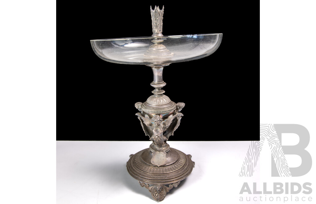 Victorian Silver Plate and Glass Presentation Epergne of Australian Interest, Awarded by Burrangong P&A Assn. Young 1883 for the Best Four-In-Hand Team