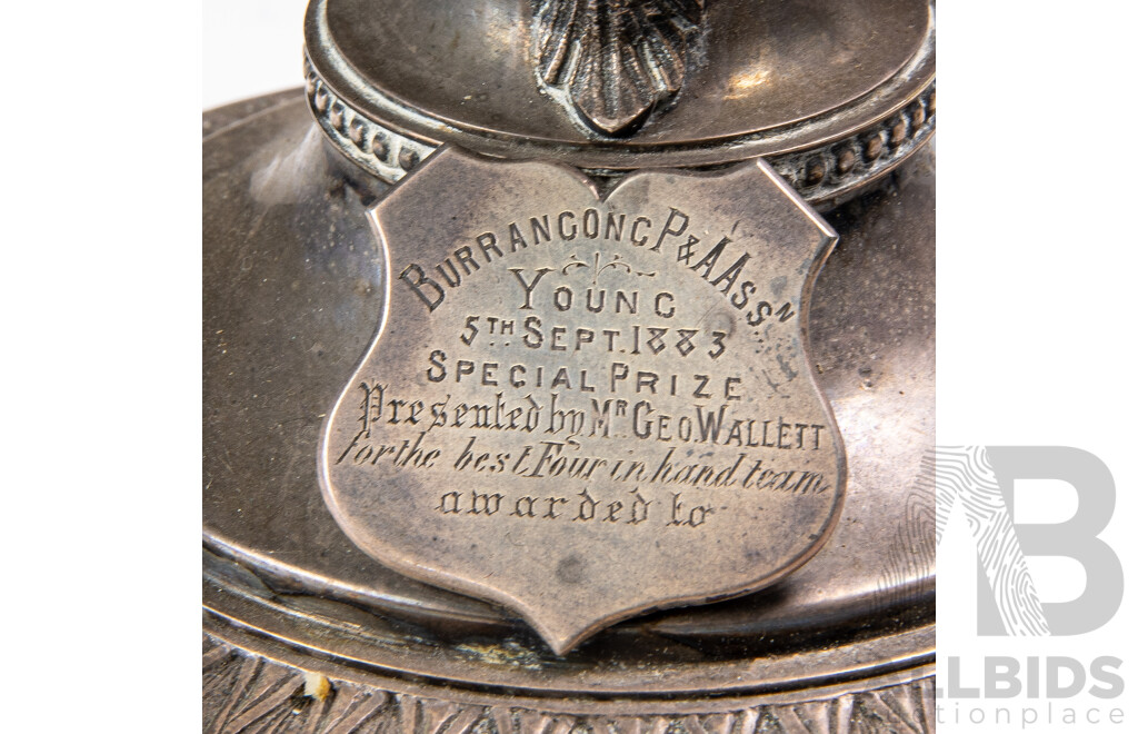 Victorian Silver Plate and Glass Presentation Epergne of Australian Interest, Awarded by Burrangong P&A Assn. Young 1883 for the Best Four-In-Hand Team