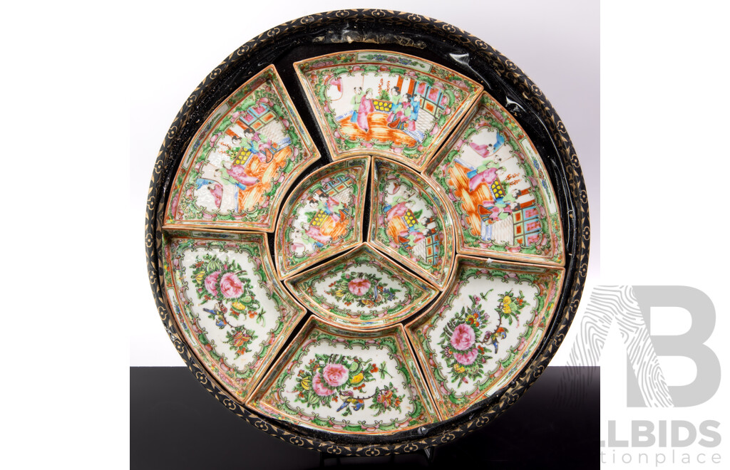 Antique Chinese Qing Porcelain Nine Sectioned Famille Rose Dishes on Wood Paper Covered Tray