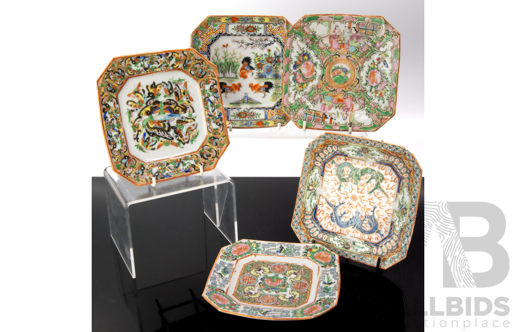 Collection Five Antique Chinese Qing Porcelain Hexagonal Form Side Plates Including Famille Rose Examples