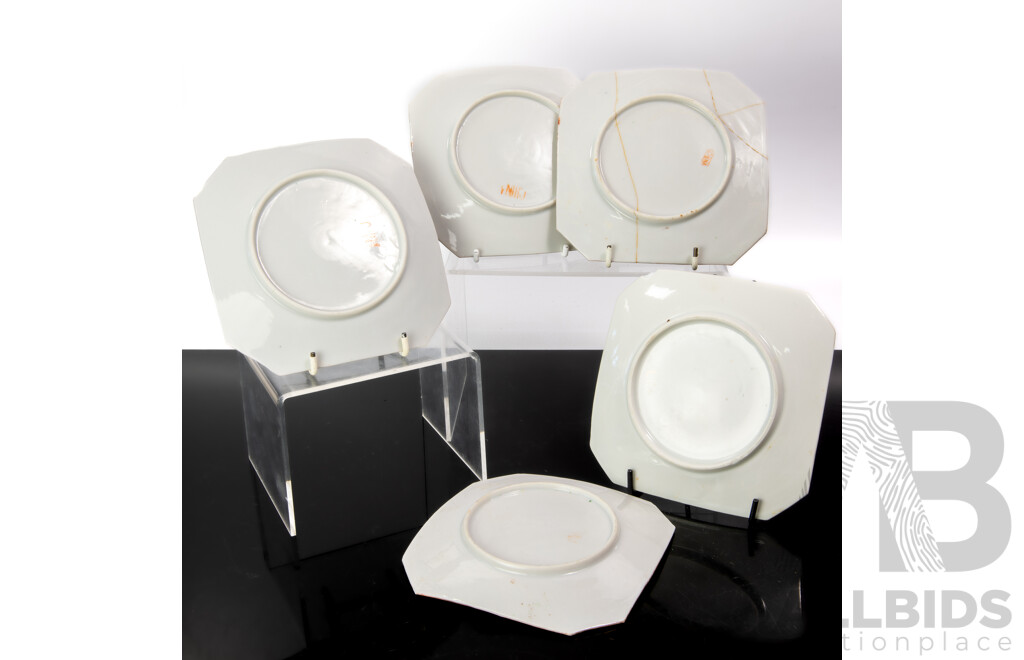 Collection Five Antique Chinese Qing Porcelain Hexagonal Form Side Plates Including Famille Rose Examples